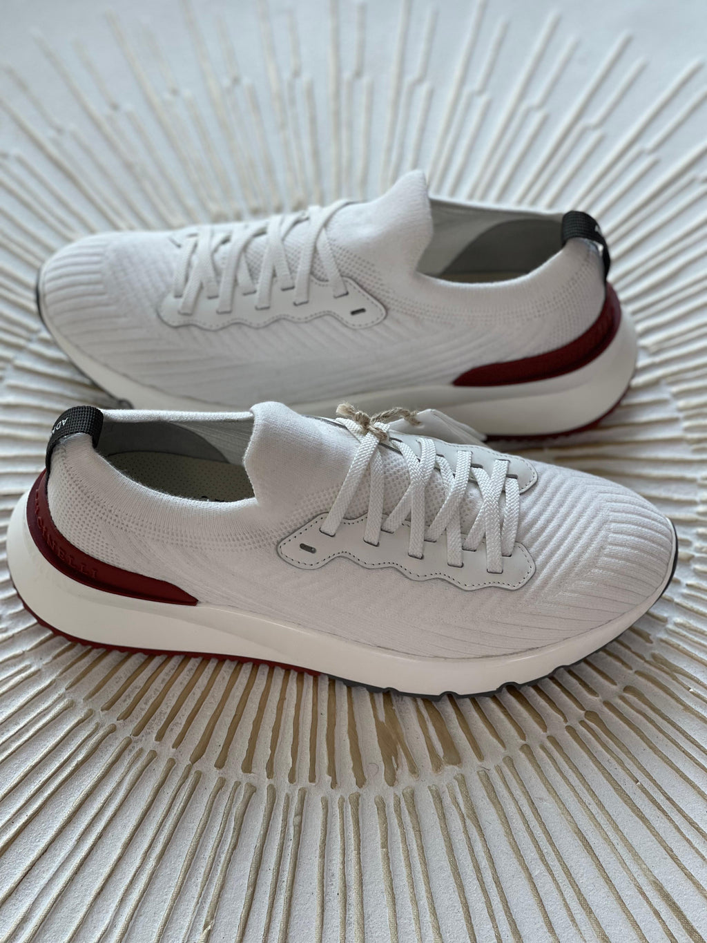 Brunello Cucinelli Knitted Low-Top Sneakers – White Knit with Contrasting Trim sole and tread detail