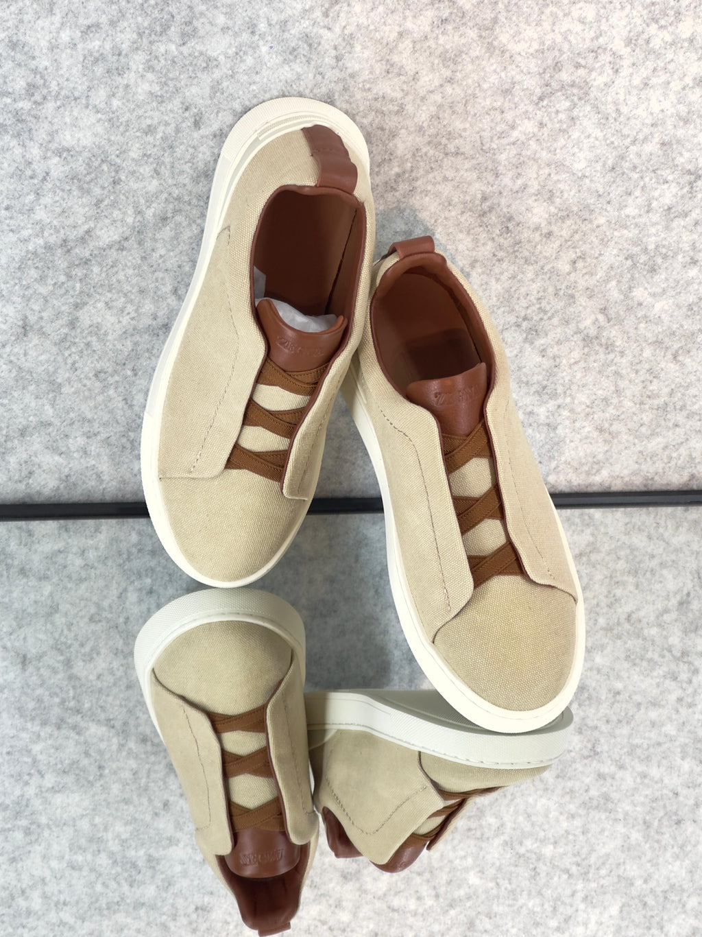 Premium luxury Zegna triple stitch light beige Canvas back view and heel tab
