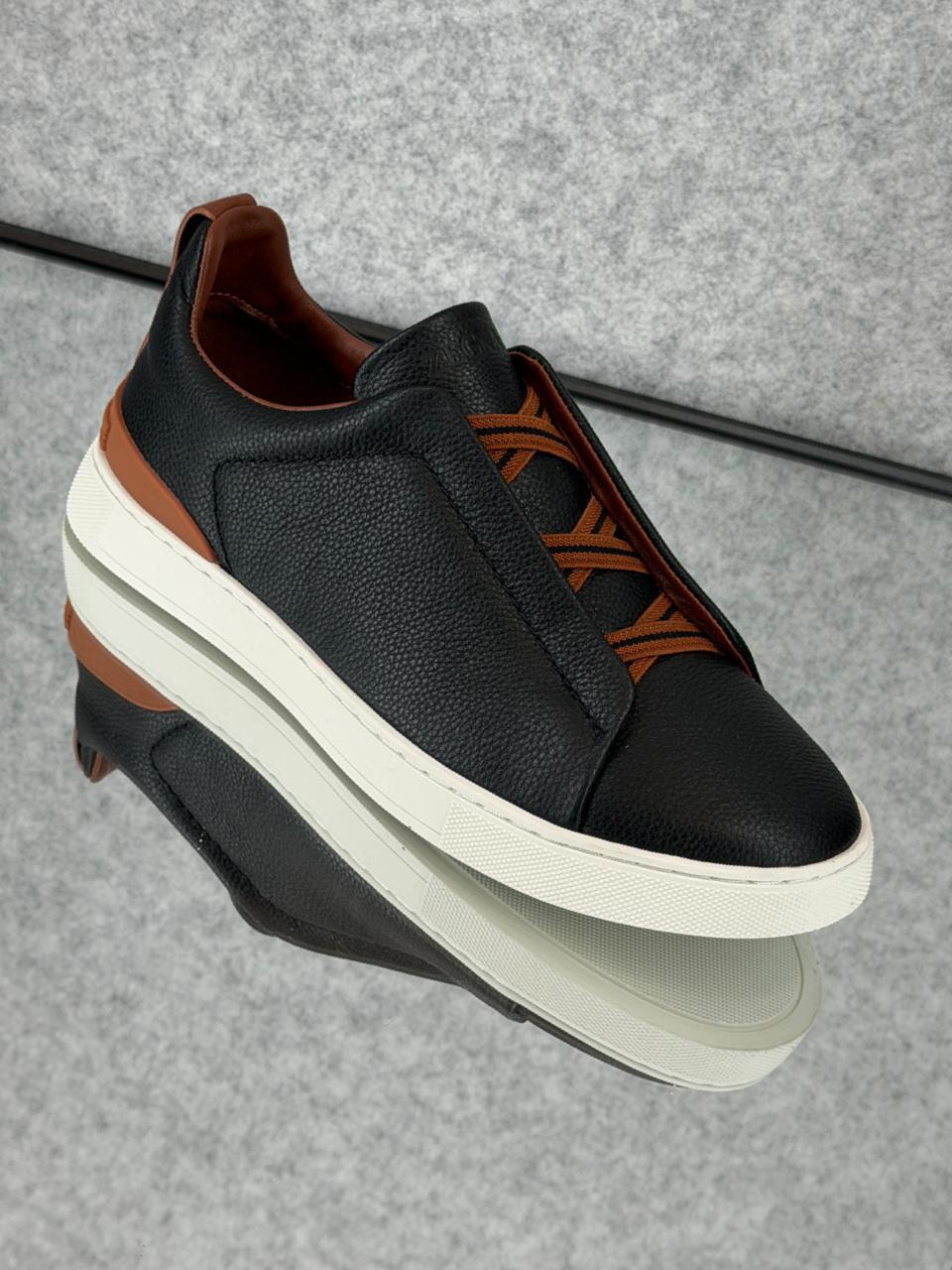 Premium luxury Zegna triple stitch black/brown side view