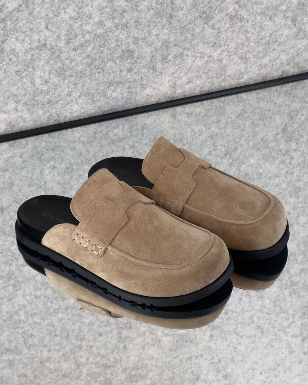 Hermès Go Mule, a suede calfskin mule lightweight rubber sole. side view