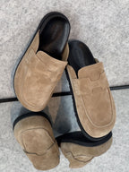 Hermès Go Mule, a suede calfskin mule lightweight rubber sole. back view and heel tab
