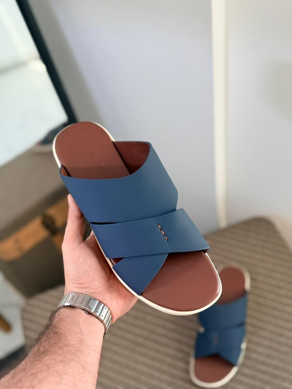 Loro Piana Palm Sandal crisscrossed straps Blue side view