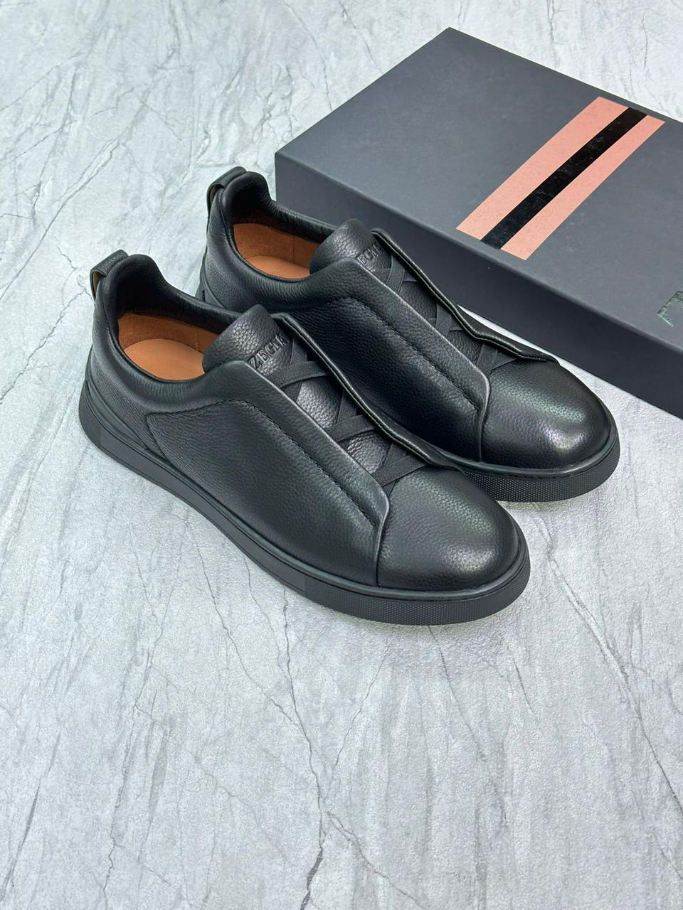 Premium luxury Zegna triple Stitch black side view
